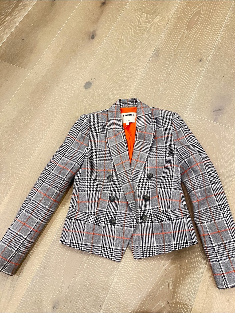 L'AGENCE Gray Plaid Blazer with Orange Check
